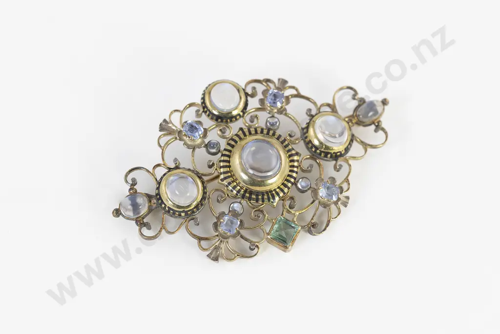 Early C20th Art Nouveau 14ct European Moonstone and Gem Scroll Brooch Image 1++