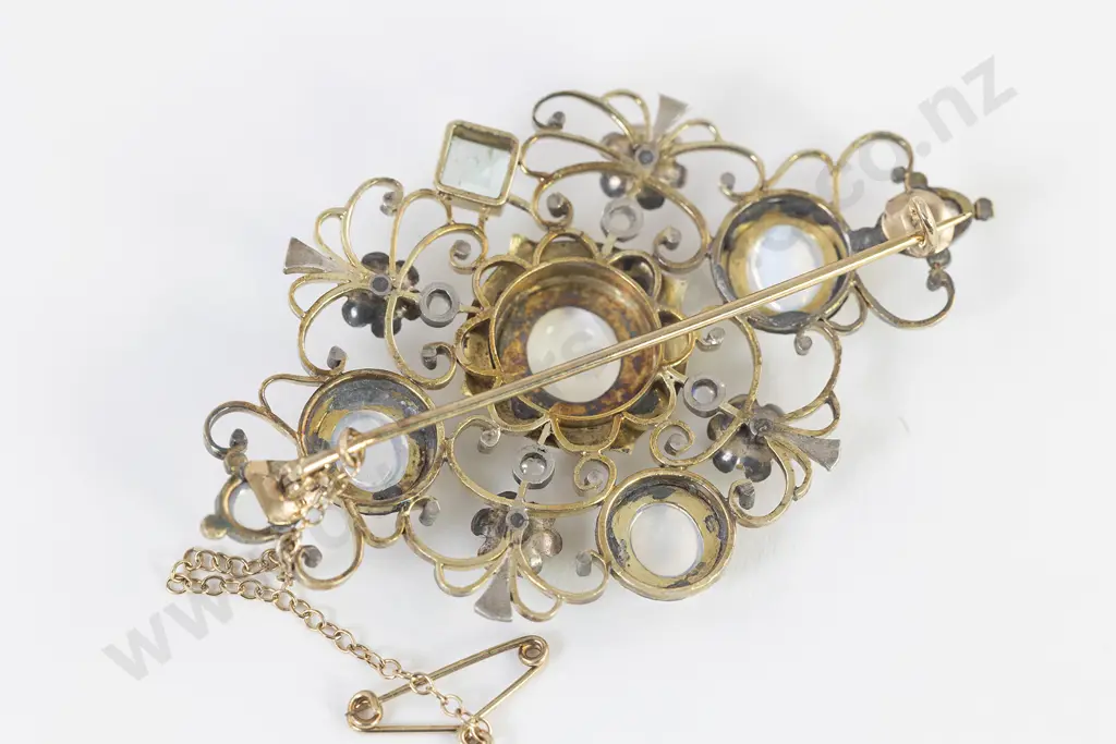 Early C20th Art Nouveau 14ct European Moonstone and Gem Scroll Brooch Image 1++