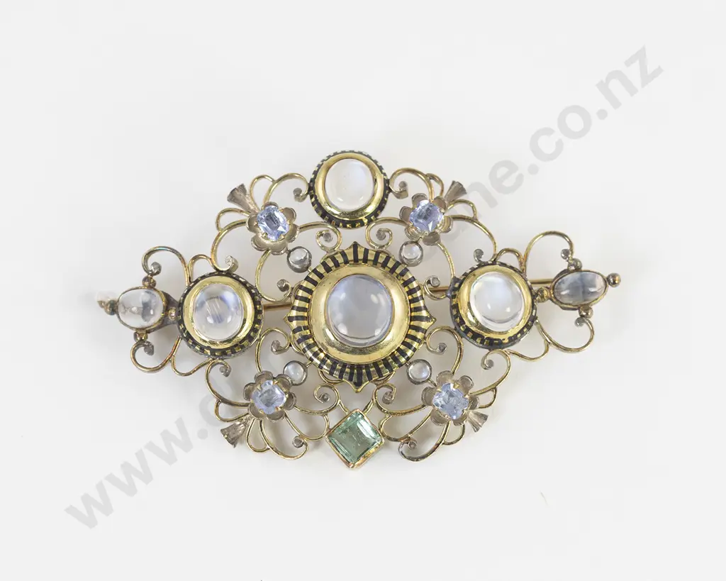 Early C20th Art Nouveau 14ct European Moonstone and Gem Scroll Brooch Image 1++