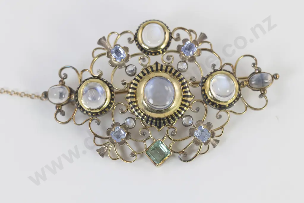 Early C20th Art Nouveau 14ct European Moonstone and Gem Scroll Brooch Image 1++