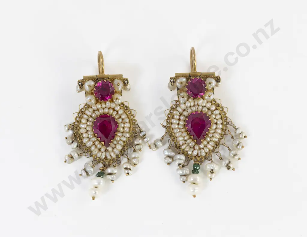 Pair Antique 14ct Indian Pearl and Ruby Paste Pendant Earrings Image 1++