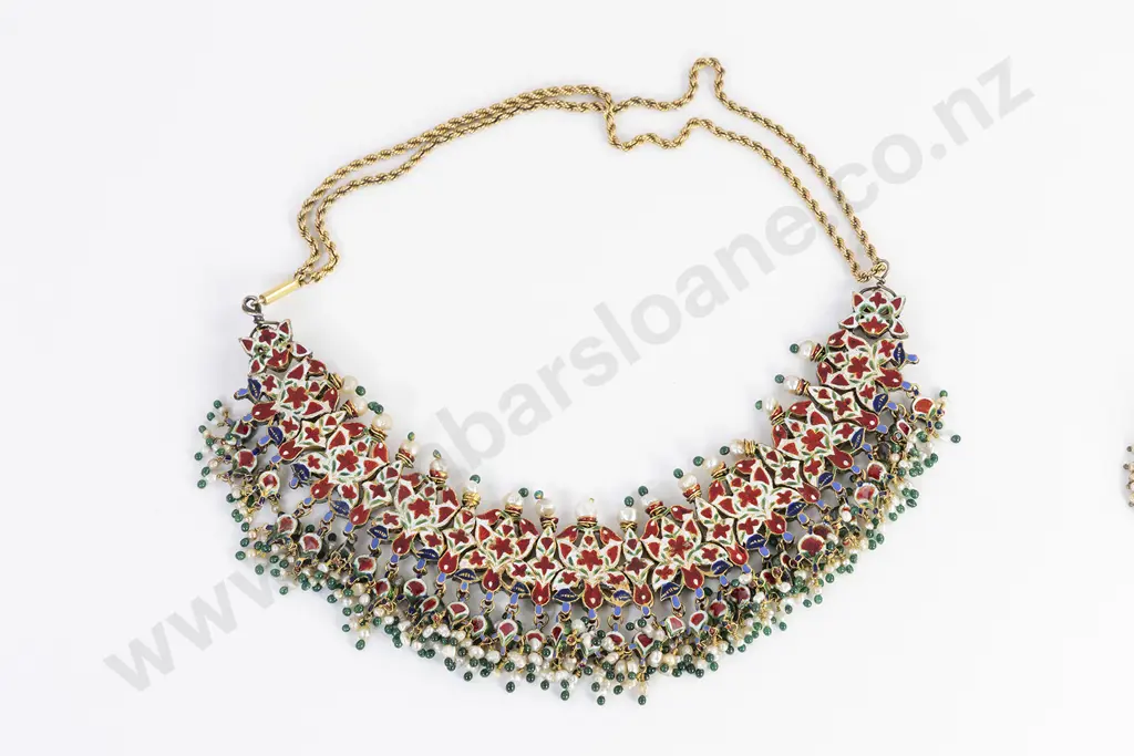 Antique Mughal Diamond Pearl Emerald and Enamelled Necklace Image 1++