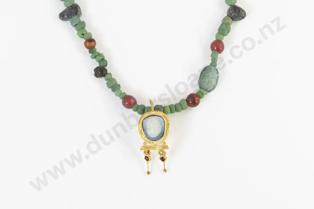 Ancient Roman Glass Carnelian Mixed Bead Necklace with Gold Earring Pendant Image 1++
