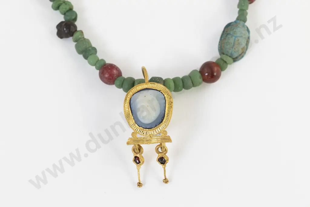 Ancient Roman Glass Carnelian Mixed Bead Necklace with Gold Earring Pendant Image 1++