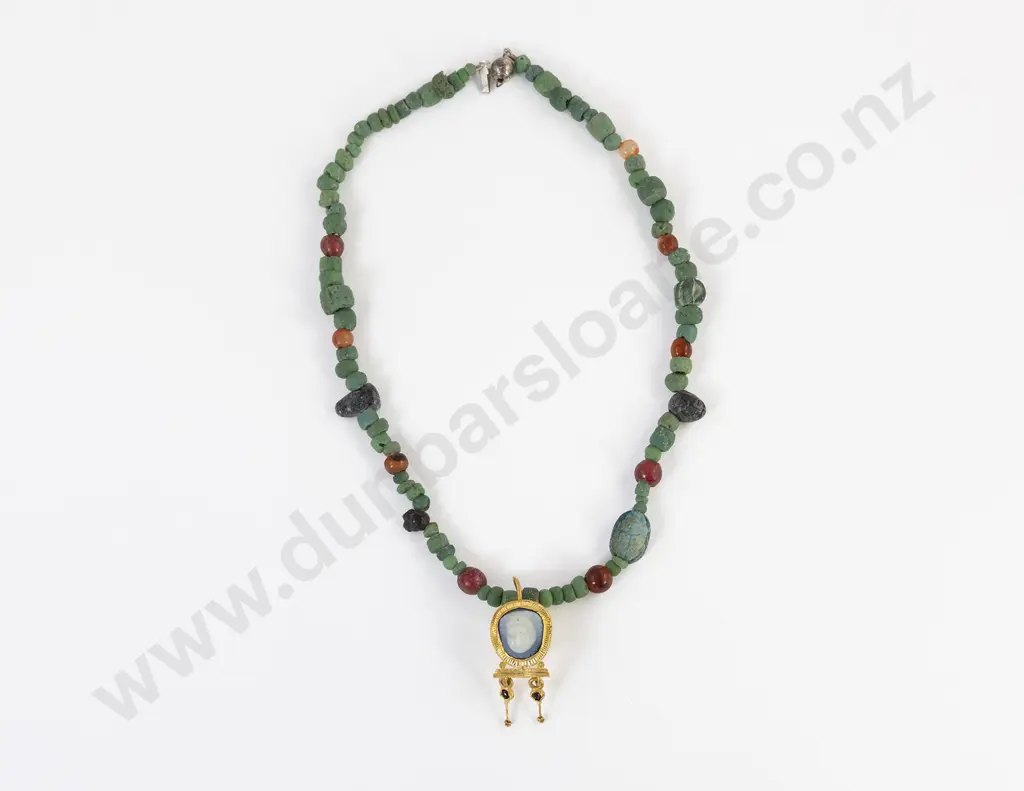 Ancient Roman Glass Carnelian Mixed Bead Necklace with Gold Earring Pendant Image 1++