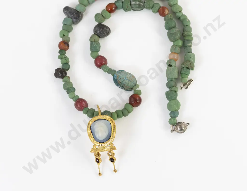 Ancient Roman Glass Carnelian Mixed Bead Necklace with Gold Earring Pendant Image 1++