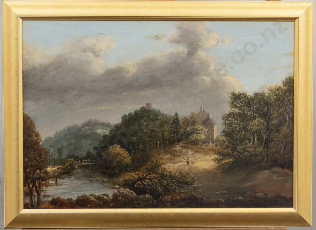 C19th Unknown Artist - Wooded Landscape with Castle & Figures Image 1++