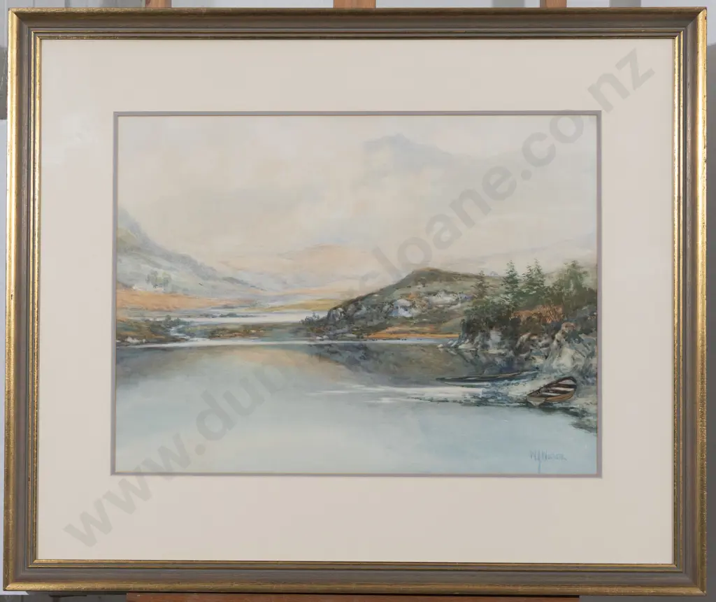 W J Wadham (1864 - 1950) - Lakeside Landscape With Dinghy Image 1++