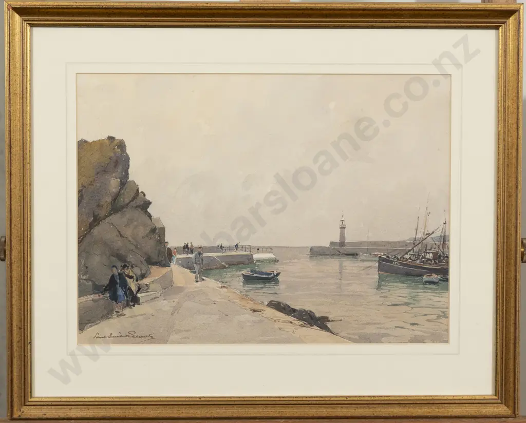 C19th French -  Portside Scene with Lighthouse & Figures Image 1++