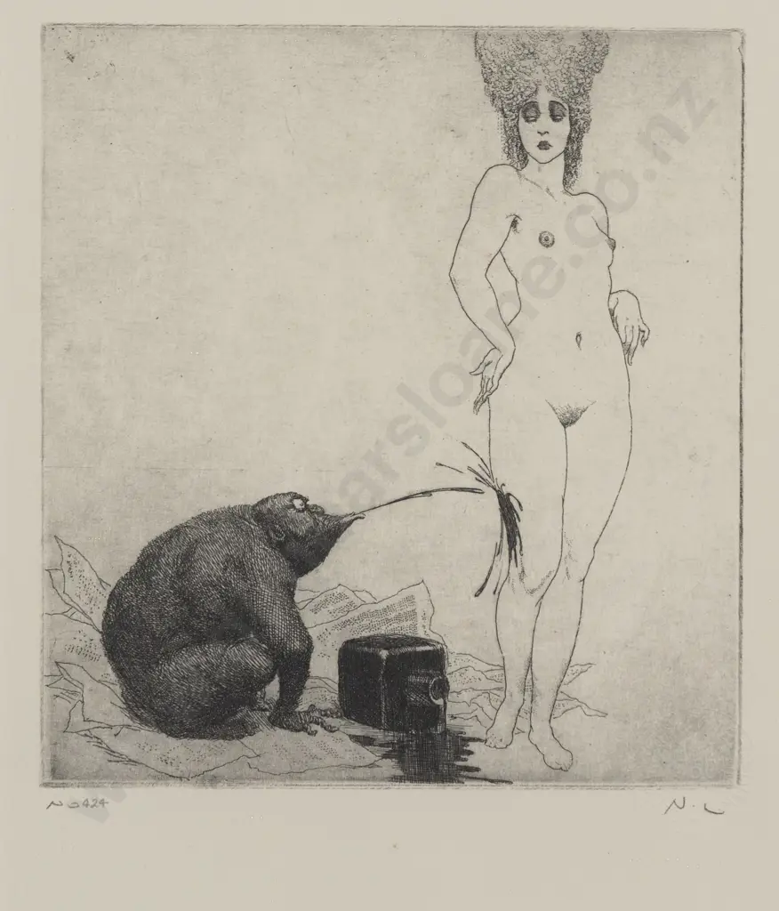 Norman Lindsay (Australia 1879 - 1969) - Theatrical Nude & Monkey Image 1++