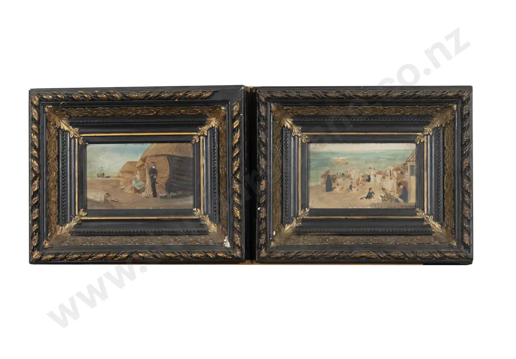 Pair C19th French Seaside Scenes with Figures Image 1++