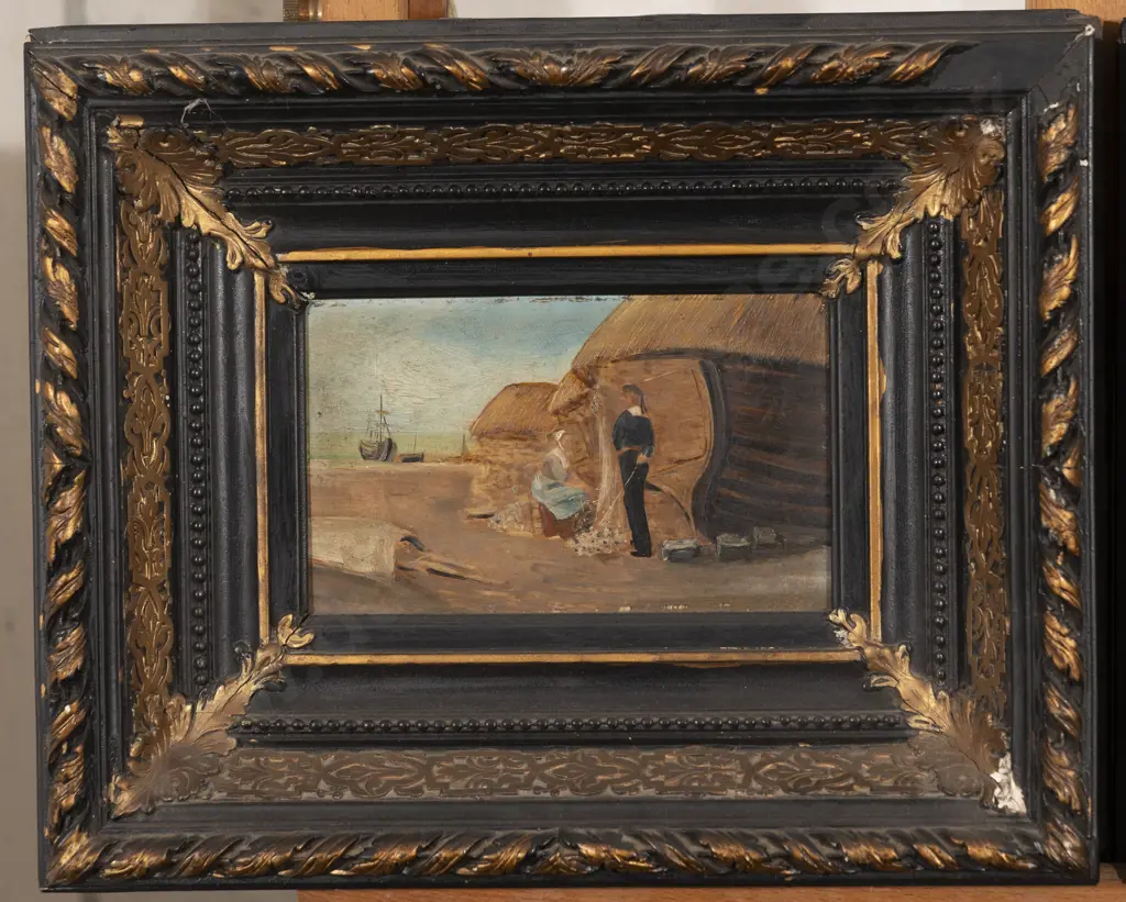 Pair C19th French Seaside Scenes with Figures Image 1++