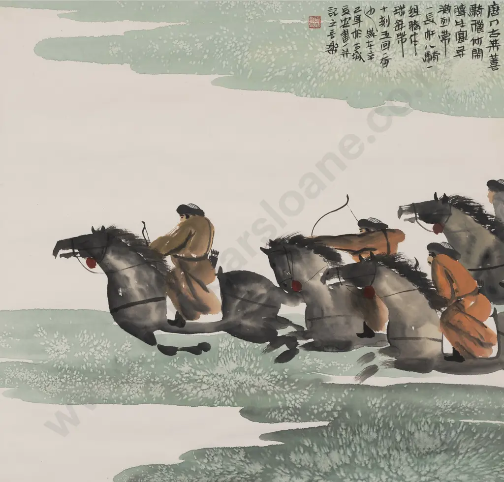 C20th Chinese Watercolour - Mongolian Horsemen Image 1++