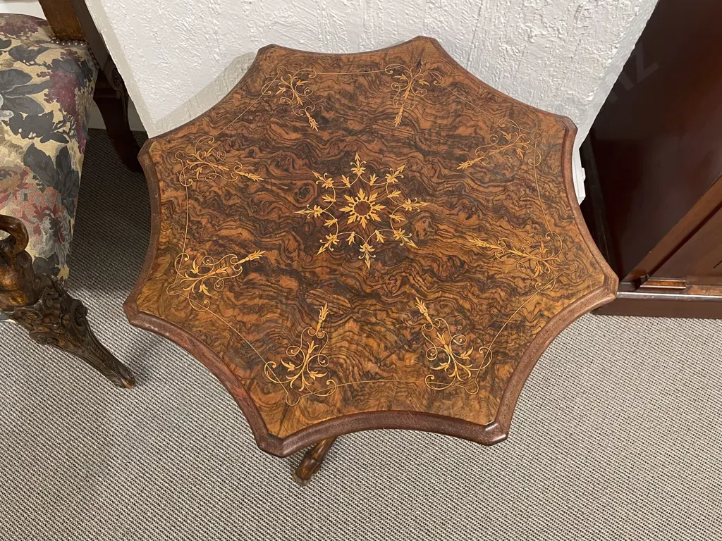 Vict Burr Walnut & Marquetry Wine Table Image 1++