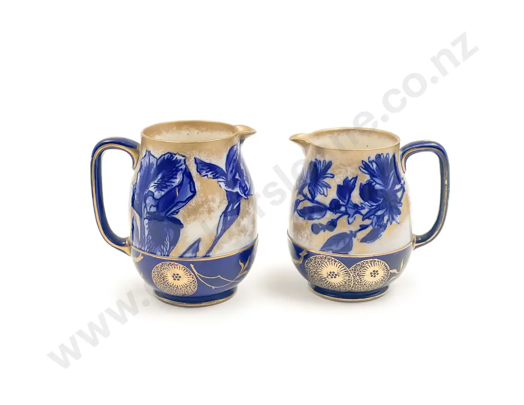 RD Burslem Graduated Pair of Blue Printed Iris Jugs Image 1++