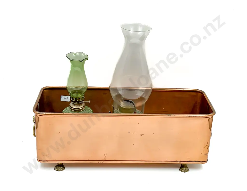 Copper & Brass Plant Trough together with Two Kerosene Lamps Image 1++