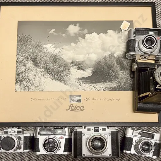Six Vintage Assorted Cameras with Framed Leica Print