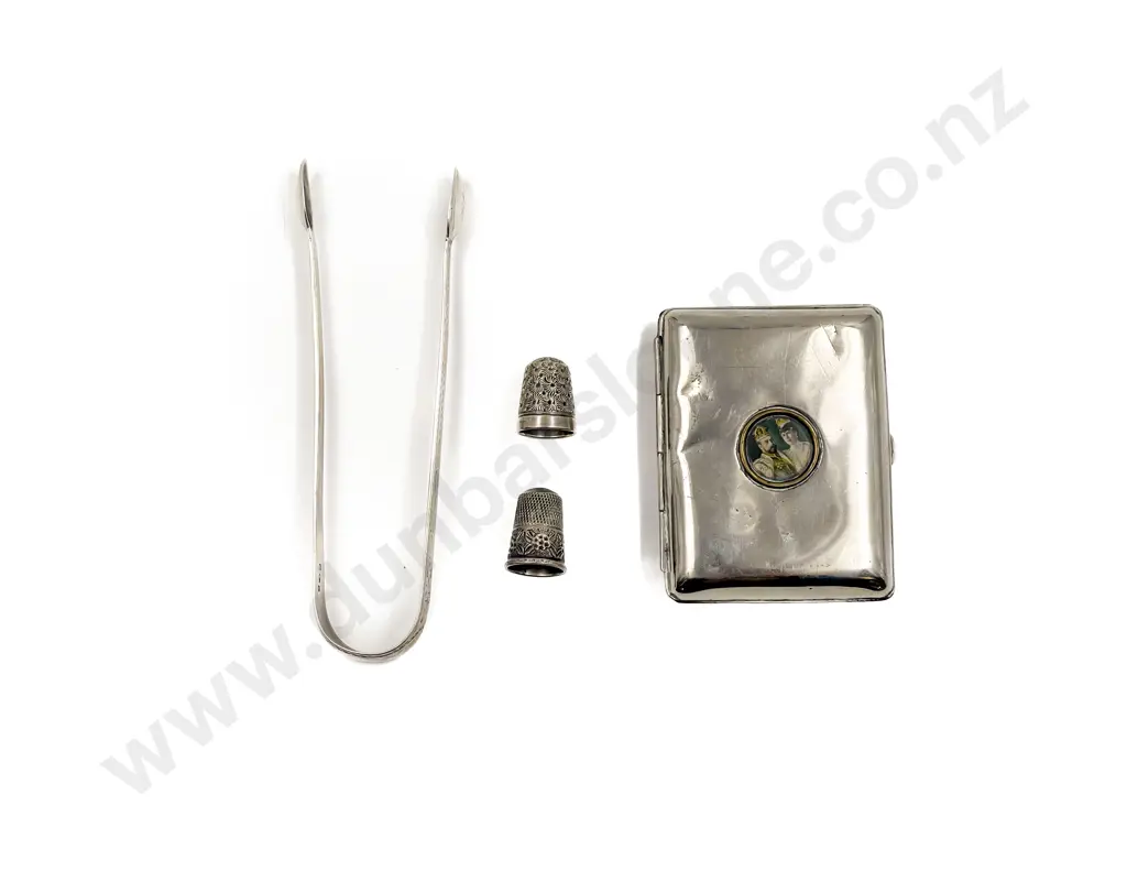 S/S Cigarette Case with Two S/S Thimbles & Sugar Tongs Image 1++