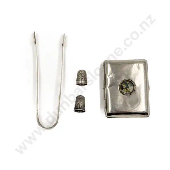 S/S Cigarette Case with Two S/S Thimbles & Sugar Tongs