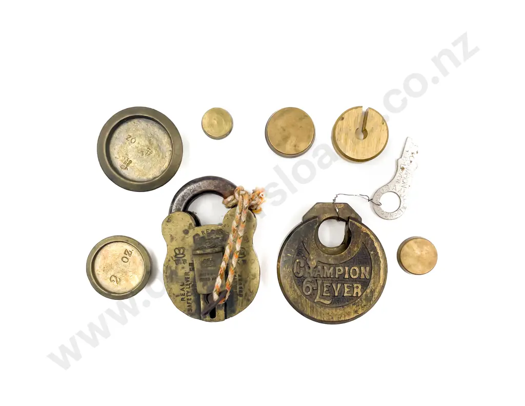 Two Vintage Brass Locks with Six Brass Weights Image 1++