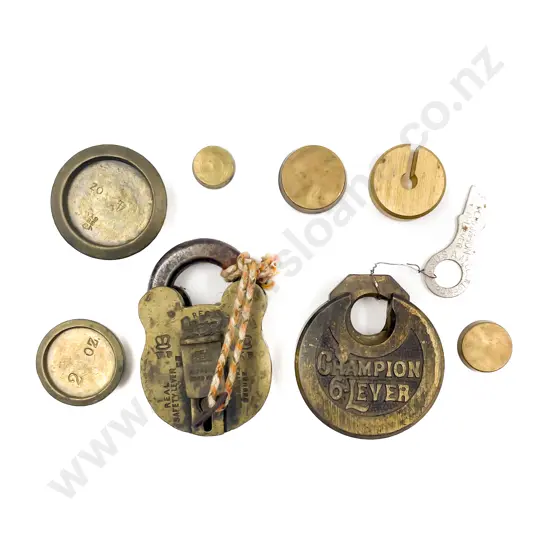 Two Vintage Brass Locks with Six Brass Weights