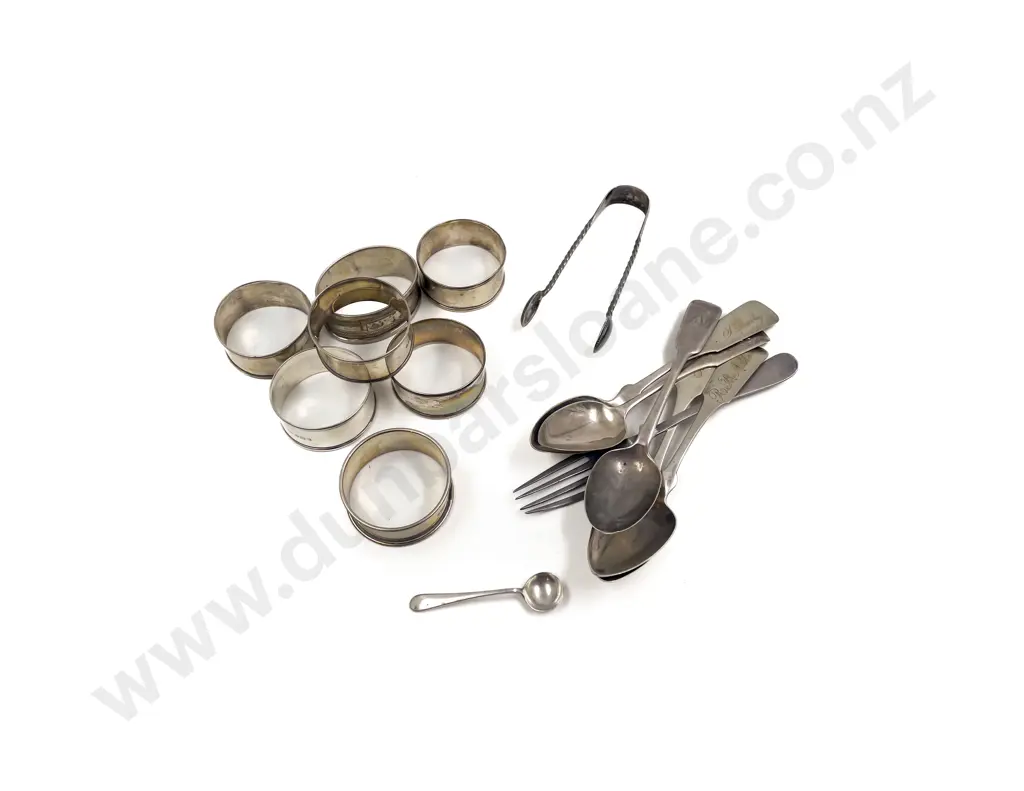 Six S/S Napkin Rings with Assorted S/S Spoons & S/S Sugar Tongs etc Image 1++