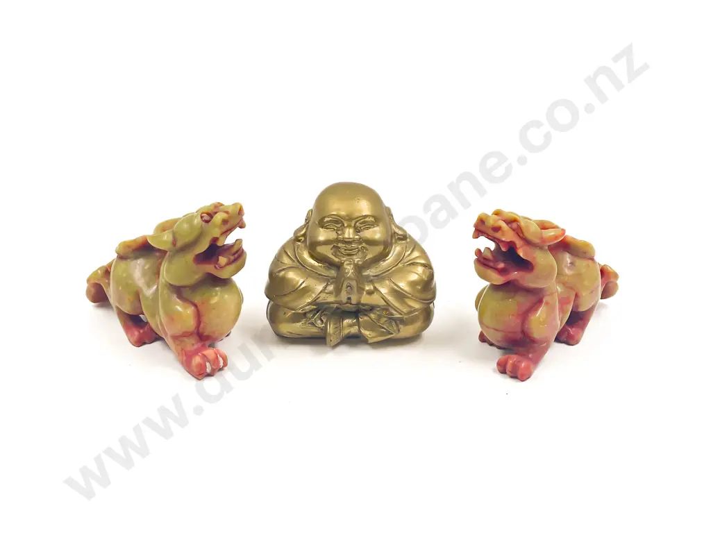 Brass Buddha together with Two Fu Dogs Image 1++