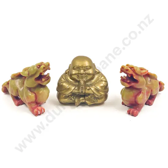 Brass Buddha together with Two Fu Dogs