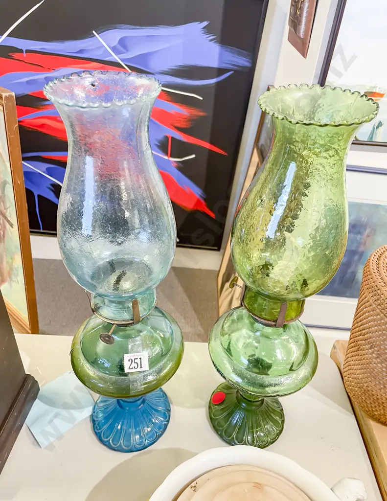 Two Coloured Glass Kerosene Lamps Image 1++