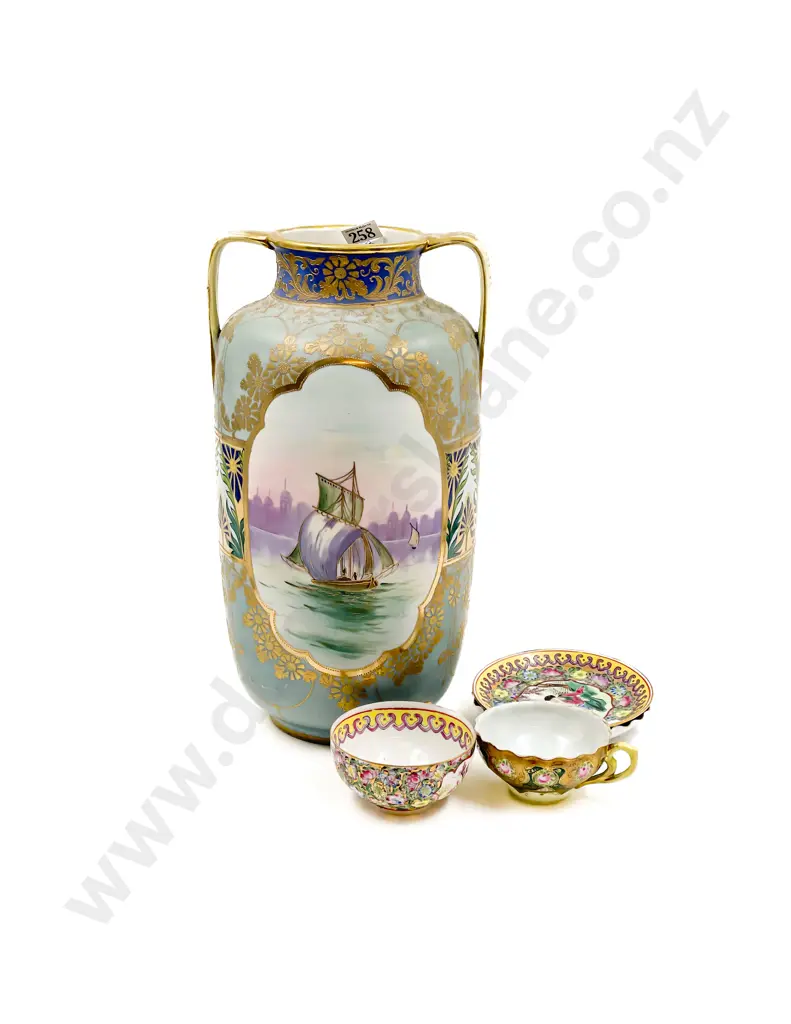 Large Handpainted Double Handled Vase together with Two Cups & Saucers Image 1++