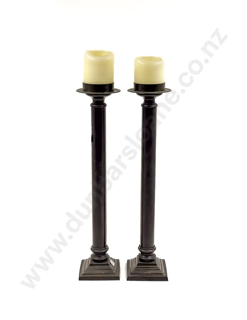 Pair of Tall Metal Candlesticks with Candles Image 1++