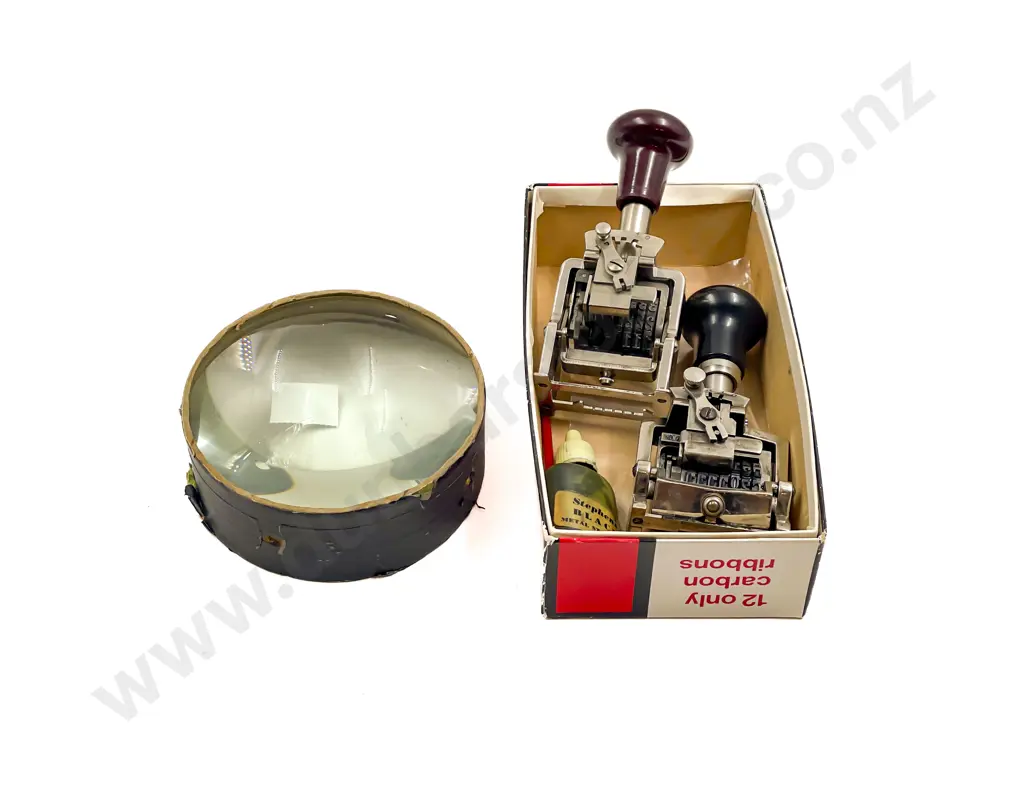 Large Vintage Lens with Box of Two Date Stamps Image 1++