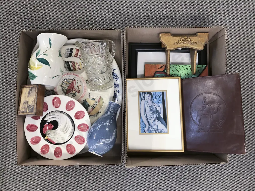 Two Boxes of Assorted Pottery incl Framed Works etc Image 1++