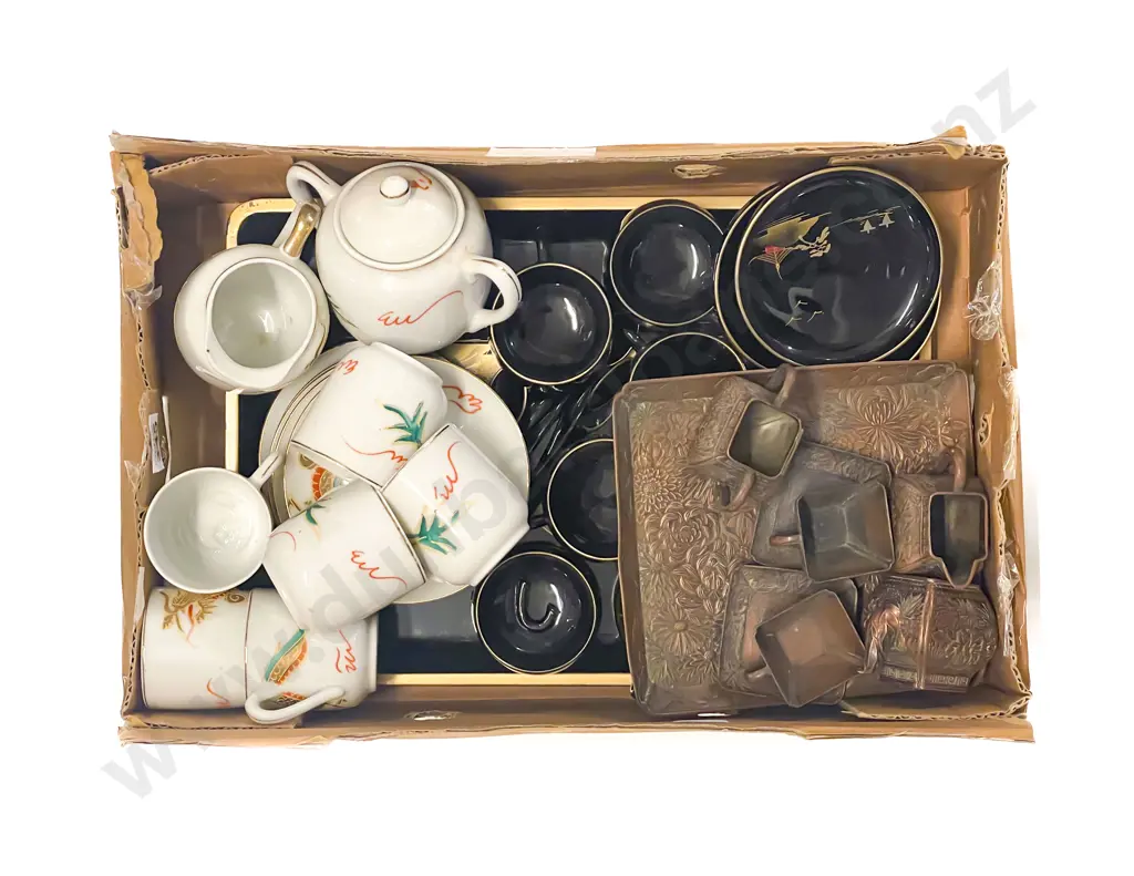 Three Assorted Oriental Metal Lacquer and China Toy Tea Sets Image 1++
