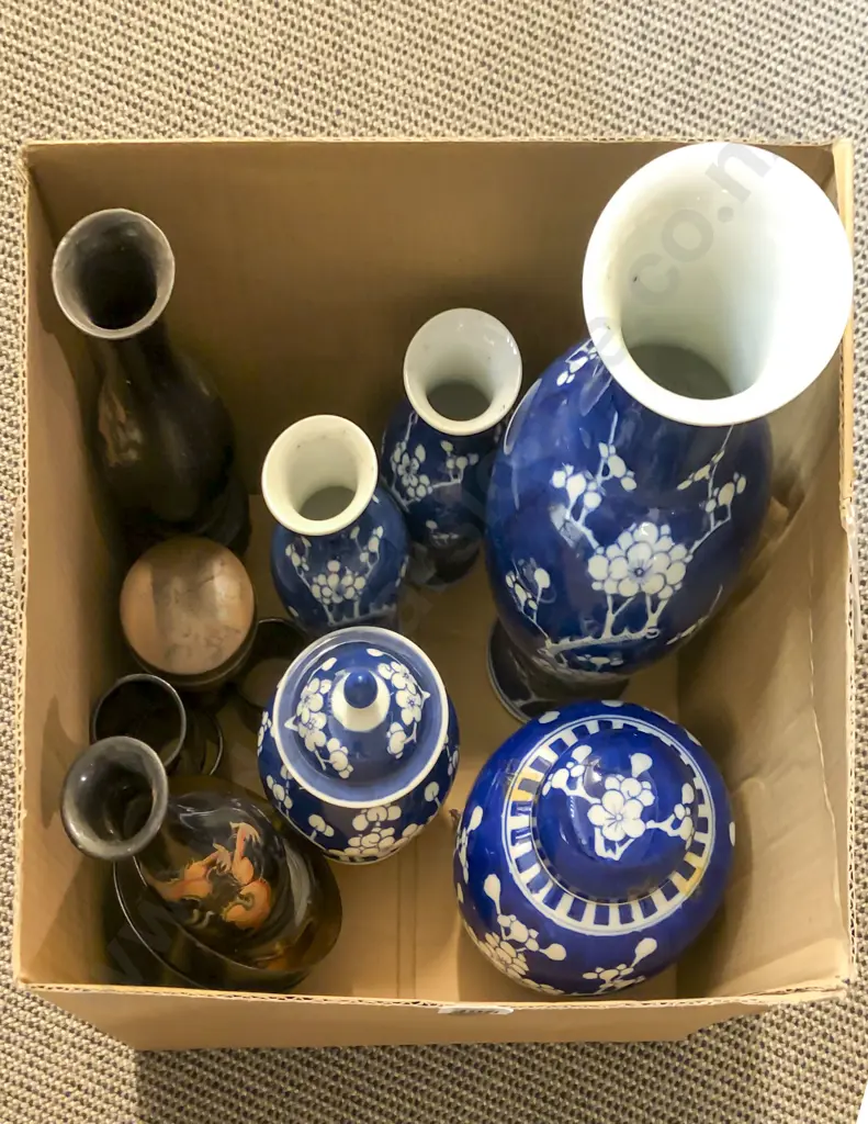 Five Pieces of Blue & White with Assorted Lacquer Ware Image 1++