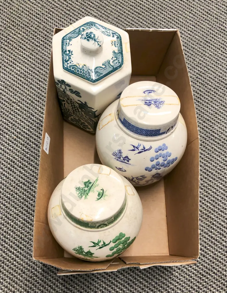Two Ginger Jars with Masons Blue & White Storage Jar Image 1++
