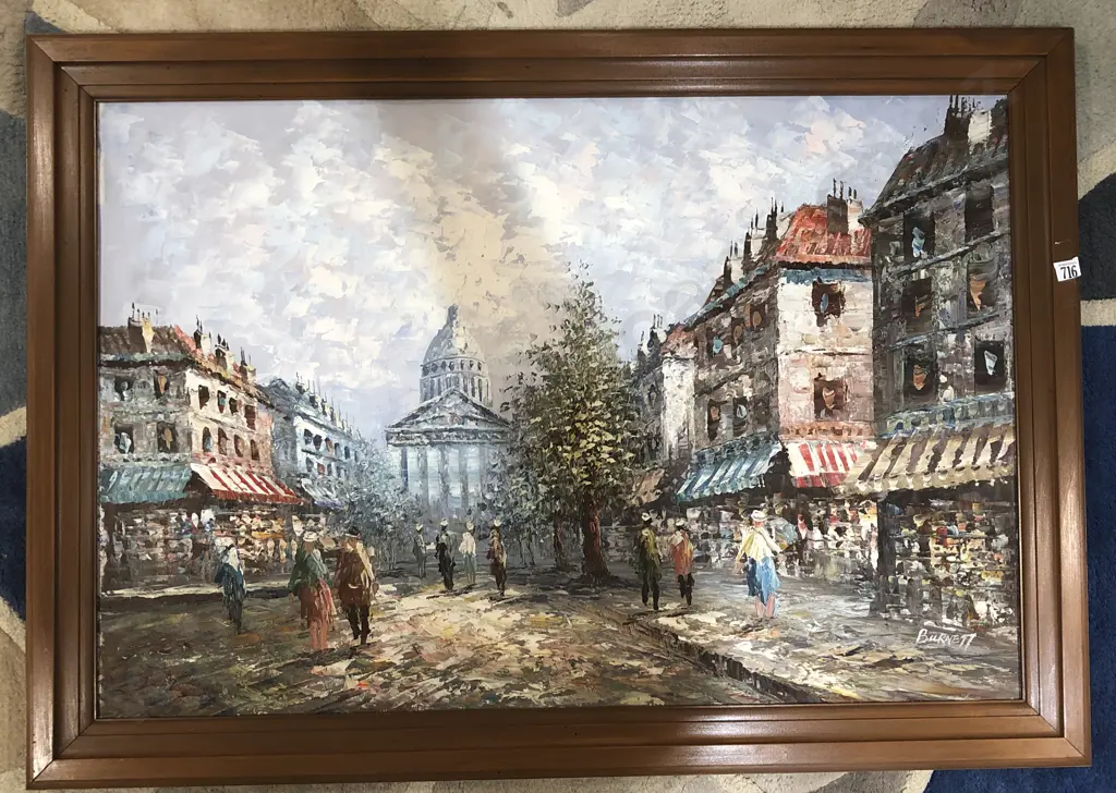 Large Oil on Canvas Street Scene - Signed Burnett Image 1++