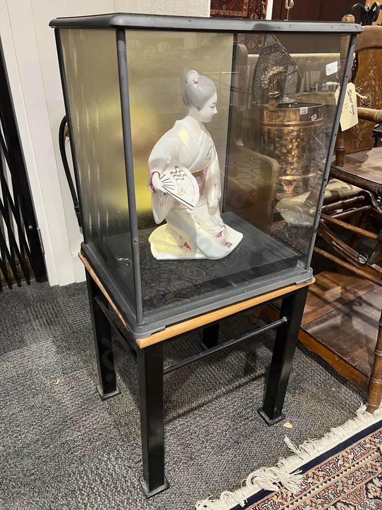 Japanese Figure in Glass Display Case on Stand Image 1++