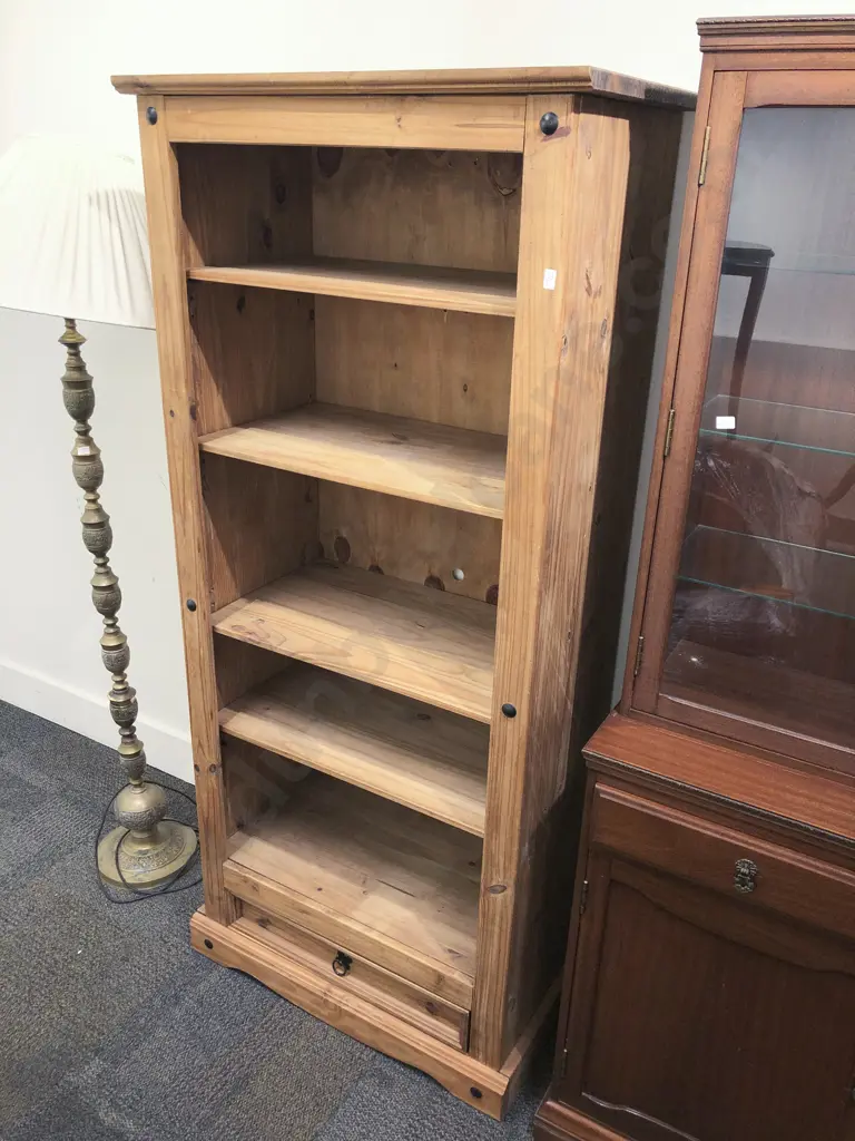 Pine Open Front Bookcase with Single Drawer to Base Image 1++