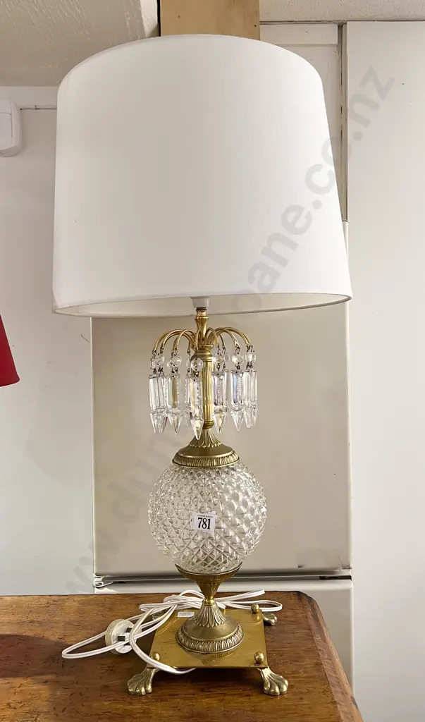 Brass Table Lamp with Crystal Droplets and Centralized Pressed Glass Orb Image 1++