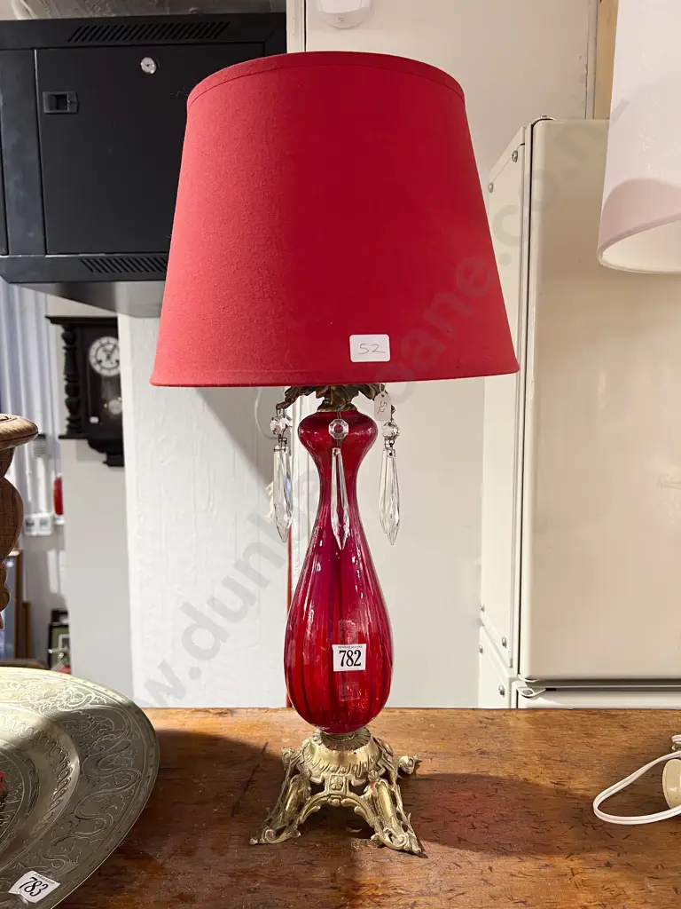 Brass and Ruby Glass Table Lamp Image 1++