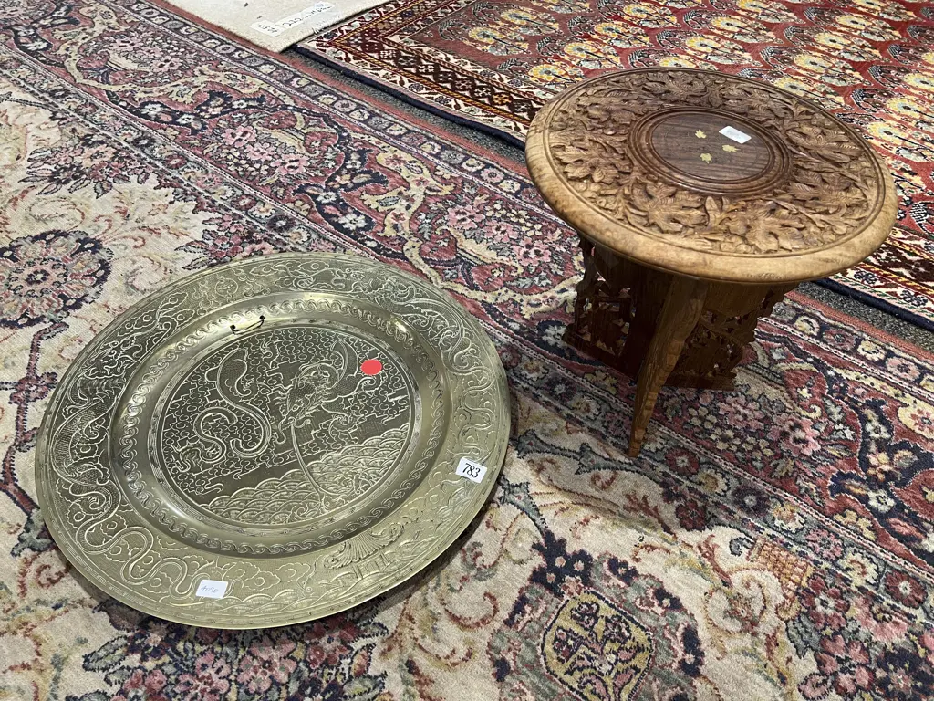 Heavy Brass Charger and Small Carved Folding Occ.table Image 1++