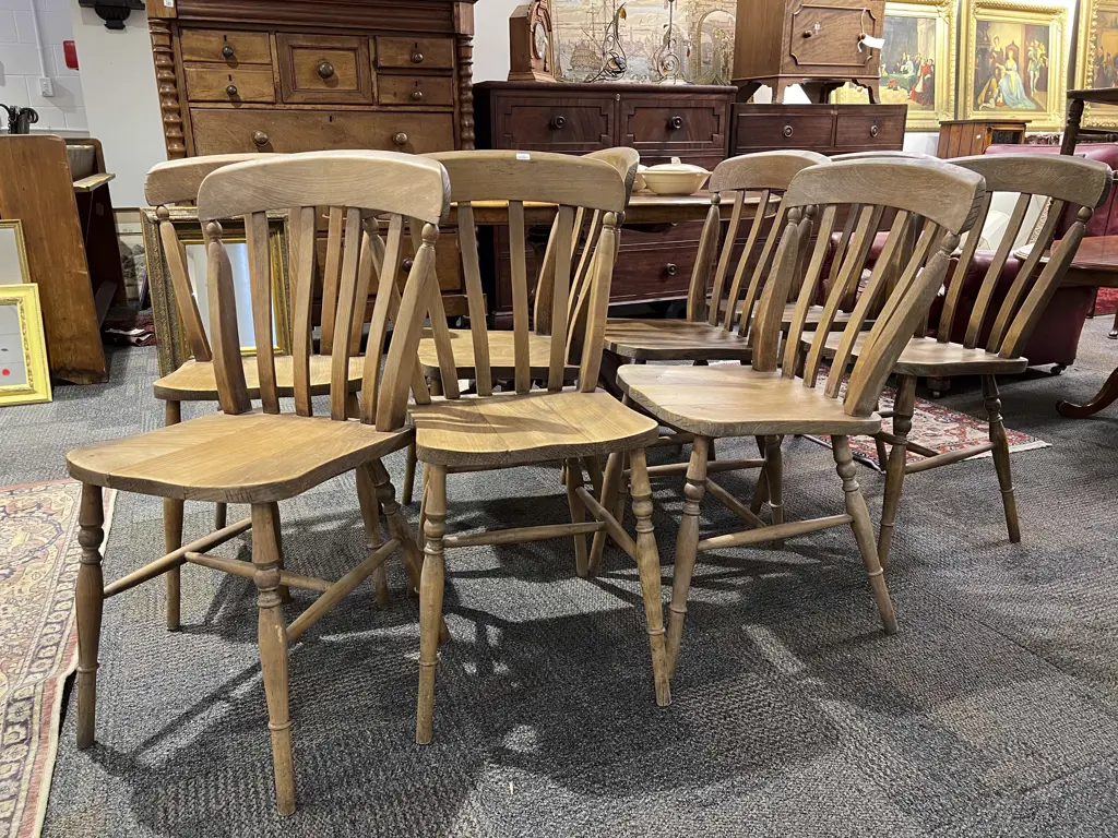 Set of Eight Elm Country Kitchen Stick Back Chairs Image 1++