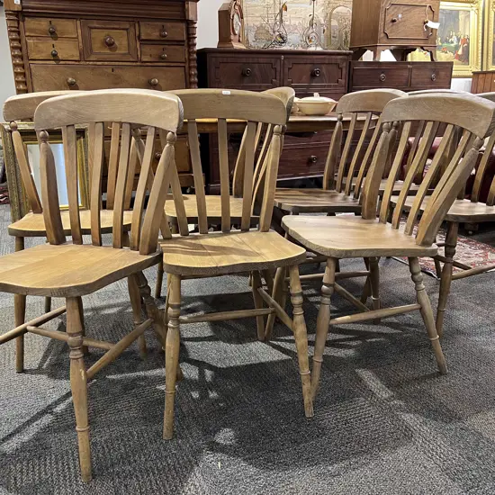 Set of Eight Elm Country Kitchen Stick Back Chairs