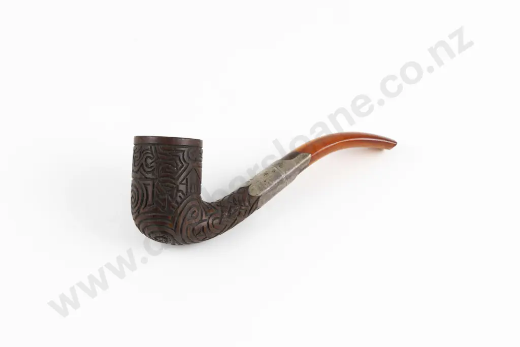 Old Wooden Pipe With Maori Folk Carved Bowl Image 1++