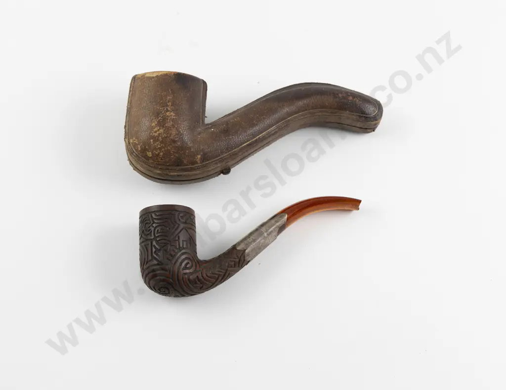 Old Wooden Pipe With Maori Folk Carved Bowl Image 1++