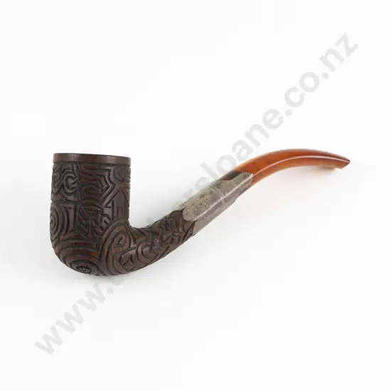 Old Wooden Pipe With Maori Folk Carved Bowl