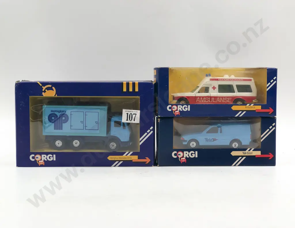 Corgi Three Boxed Models Mercedes Truck Ambulance and Tele Escort Image 1++