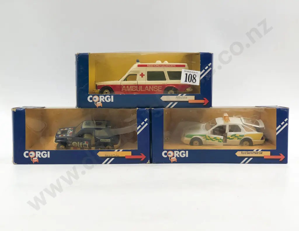 Corgi Three Boxed Models Ambulance Ford Sierra Pace Car and Renault Image 1++