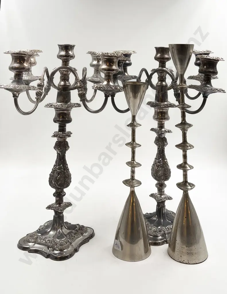 Pair of Plated Ornate Five Light Candelabras together with Other Graduated Pair of Candlesticks Image 1++